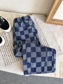 SHEIN 男童時尚休閒深淺藍格紋設計寬鬆直筒牛仔褲 - 藍色 - 查看 5