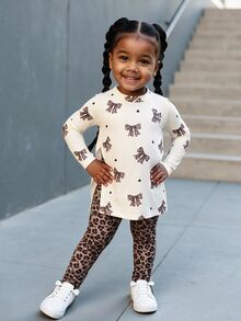 Bubblio Baby Girl Sporty Casual Knitted Bear Print Long Sleeve Top And Geometric Pattern Leggings Set - Multicolor - View 1