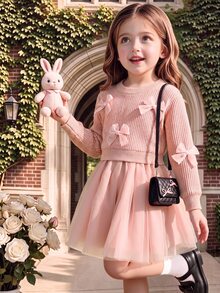 SHEIN Playful Pals 1件女童蝴蝶結裝飾圓領長袖網紗下擺洋裝，清新優雅時尚，可愛甜美，適合秋冬穿著 - 粉色 - 查看 3
