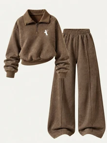 SHEIN 青少年女孩 2 件套套裝：保暖抓絨內裡半拉鍊運動衫與寬鬆寬腿運動長褲，休閒秋冬運動風運動服套裝 - 棕色 - 查看 3