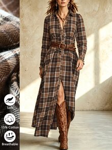 Linhara Plus Solid Button Front Shirt Dress Without Belt - Multicolor - View 1