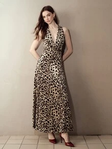 MOTF PREMIUM DEEP V-NECK LEOPARD PRINT BEADED EMBELLISHED DRESS - Brown - View 4
