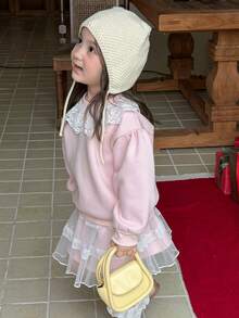 DAZY Infant/Toddler (Girl) Round Neck Lace Ruffle Trim Long Sleeve Comfortable Casual Sweatshirt Set, Autumn/Winter - Baby Pink - View 1