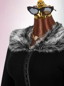 Amplova Y2K 女款黑色毛領拼接色塊人造皮拼接短夾克，哥德風短版外套，秋冬穿搭 - 彩色 - 查看 5