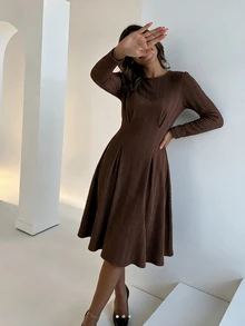 Modelyn Women Round Neck Long Sleeve Textured Midi Dress, Pleated Flared A-Line Swing Dress, Autumn Winter Elegant Slim Fit Wedding Guest & Formal Party Dress - Brown - View 4