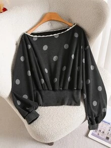 Story & Sage Women's Korean Style Polka Dot Print Asymmetrical Shoulder Ruffle Sweatshirt - Black - View 5