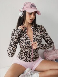 Dewbera Dewbera 2026 Autumn/Winter New Style Button-Up Long-Sleeved Crop Top With Leopard And Animal Print, Pink Contrast Design Yoga Jacket Coat, Suitable For Outdoo - Multicolor - View 2