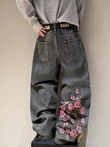 STEELVANCE 街頭風極簡精緻桃花刺繡設計百搭寬鬆寬腿牛仔褲 - 灰色 - 查看 2