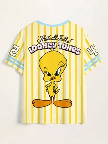 LOONEY TUNES X SHEIN Plus Size Women's Letter Striped Round Neck Short Sleeve Casual T-Shirt - White - View 5