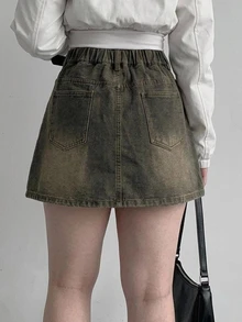 Dazy Plus American Retro Denim Skirt Women New Distressed High Waist A-Line Mini Skirt - Khaki - View 2