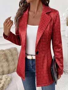 SHEIN Clasi 女款格紋休閒百搭通勤旅行西裝外套 - 酒紅色 - 查看 1