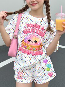 Tween女孩休閒極簡可愛趣味擠壓包包圖案、亮片、水鑽包包、波點圓領短袖T恤，適合夏季，Kawaii風格圖案上衣，舒適好穿 - 彩色 - 查看 1