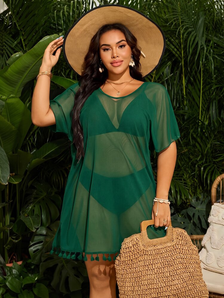 Swim Vcay Plus Size Women's Solid Color Round Neck Short Sleeve Cover-Up Dress For Vacation - Green - View 5