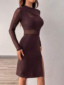 Glamine Gaun Hitam Wanita dengan Detail Belahan di Bagian Bawah dan Motif Jala Berongga - Coklat - View 5