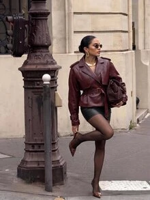 Silquee Women's Fashion PU Material Metal Buckle Long Sleeve Trench Coat - Burgundy - View 2