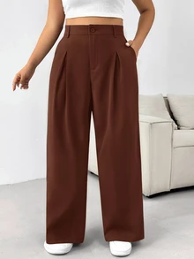 SHEIN PETITE CURVE 大尺碼黑色優雅商務休閒正式寬腿褲 素色鈕扣長褲 夏季婚禮教師活動畢業典禮會議辦公室穿搭 - 咖啡棕 - 查看 6