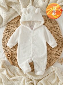 SHEIN 新生兒嬰兒春秋冬季毛絨布料連身衣，可愛連帽設計深受孩子喜愛，舒適柔軟親膚面料，適合兒童居家穿著，為孩子帶來舒適睡眠與健康成長 - 白色 - 查看 3