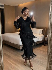SHEIN Lady Plus Size Women's V-Neck Lace Patchwork Tassel Design Casual Party Dress - Black - View 4