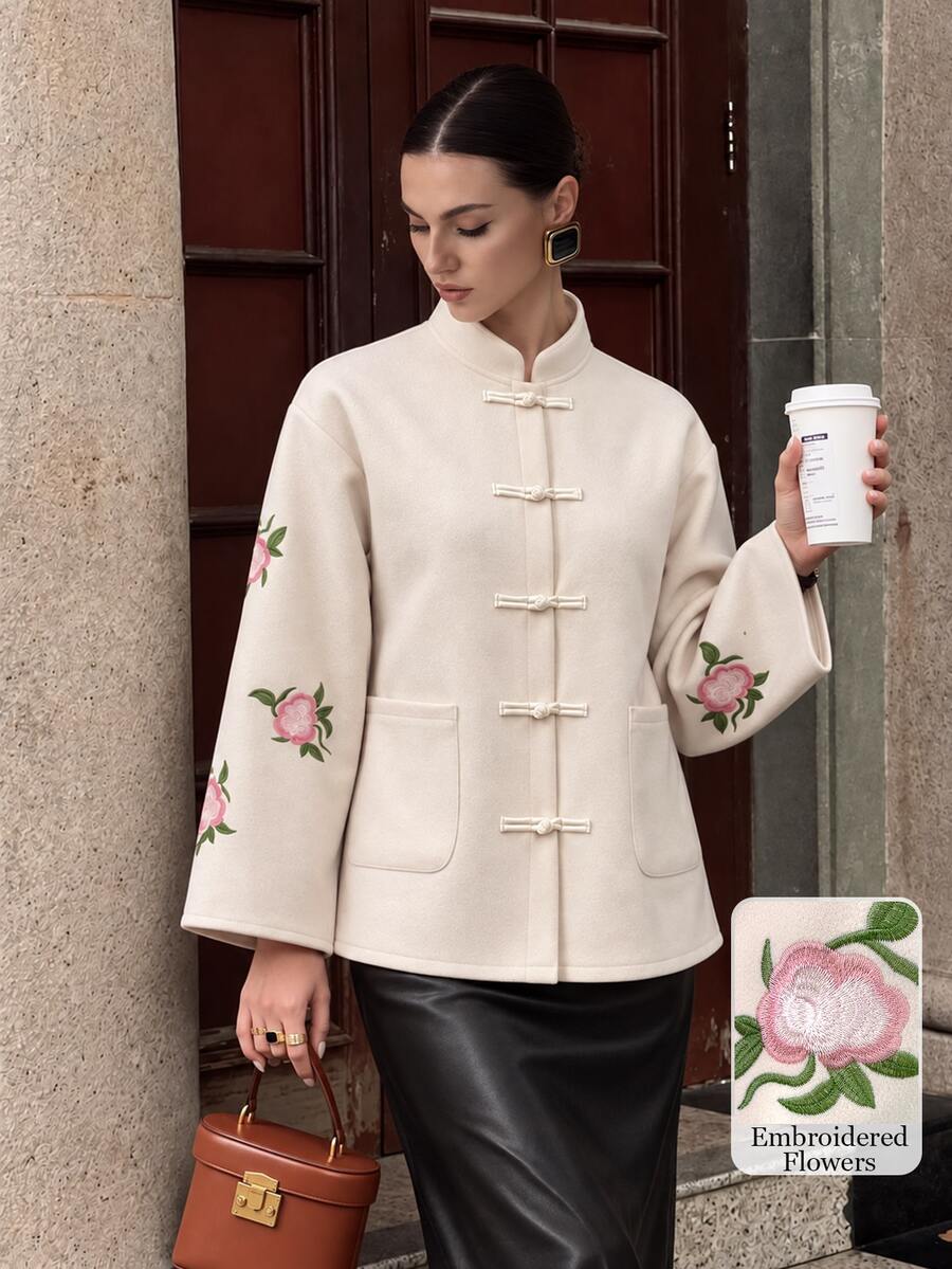 Modelyn New Woven Non-Stretch Wool Blend Long Sleeve Embroidered National Style Elegant Commute Versatile Fashion Korean Style Open Front Women's Wool Cardigan - Apricot - View 1