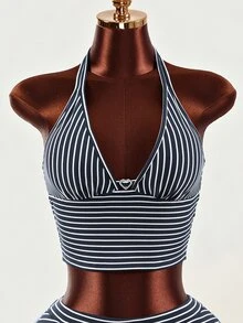 Mistrie Women's Striped Zipper Front Cropped Hoodie, Cropped Halter Top And Skirt Set - Multicolor - View 8