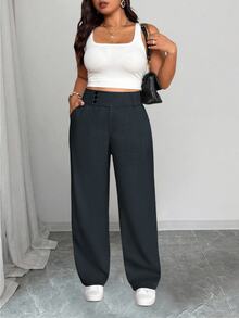 SHEIN Tall CURVE 大尺碼女款休閒通勤寬腰直筒長褲 - 深灰色 - 查看 3