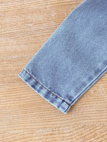 SHEIN Souflis 女童幼兒女孩2件套，前開鈕扣牛仔外套搭配滿版花卉印花層次洋裝，灰色羽絨夾克外套 - 藍色 - 查看 3