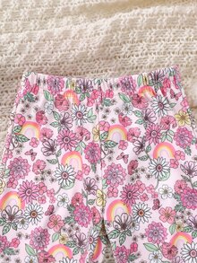SHEIN Newborn Baby Deer Print Long Sleeve Sweatshirt And Floral Print Long Pants Casual Set - Pink - View 7