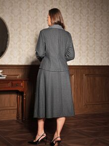 Auvina British Style Tweed 2 Pieces Set, Contrast Color Houndstooth Collar Waist-Cinching Top + Full Skirt Long Skirt, Autumn/Winter Commuter Outfit - Grey - View 2