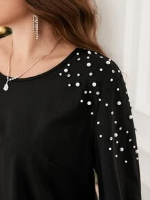 SHEIN LUNE Plus Size Women's Faux Pearl Decorated Round Neck Long Sleeve Elegant Blouse Fall - Black - View 4
