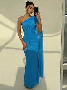 Aloruh 浪漫優雅抓皺收腰綁領修身洋裝 單袖女神單肩薄荷綠 正式婚禮晚宴夏季款 - 藍色 - 查看 6