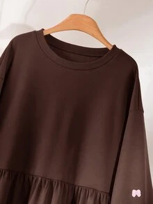 CosyJoli Plus Size Embroidered Fashion Ruffle Hem Crew Neck Sweatshirt Casual Cute Kawaii Back To School Sweatshirt For Women Autumn Daily Going Out Formal Party - Brown - View 5