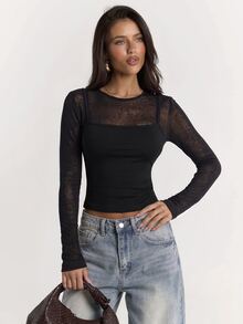 SHEIN BAE تي شيرت نسائي مثير بأسلوب الشارع من الشبك 2 في 1 بأكمام طويلة - الأسود - مشاهدة 5