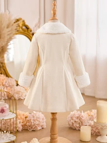 SHEIN 女嬰白色羊毛混紡大衣，毛絨大領口與袖口，雙排珍珠鈕扣，A字喇叭廓形，秋季派對穿著 - 米色 - 查看 2