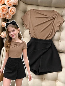 SHEIN Tween Girls 2pcs/Set Children's Korean Version Open Shoulder Short Sleeved Top With Front Slit High Back To School, Summer, Casual - Brown - View 8