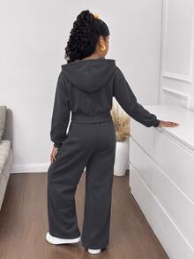 SHEIN 女童時尚簡約純色連帽拉鍊印字字母高腰秋冬連身褲 - 深灰色 - 查看 2