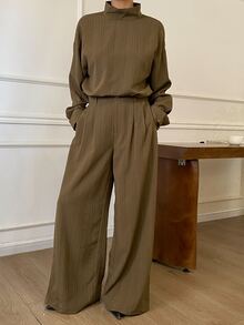 Livesso Women's Solid Color Long Sleeve Top And Pants Casual Daily 2 Pieces Set - Army Green - View 3