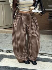 Muchica New Autumn Plus-Size Women's American-Style Plaid Wide-Leg Trousers With Pleats And Curved Hem Fall - Multicolor - View 3