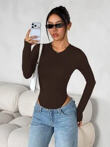 SHEIN PETITE 女款純色修身百搭日常穿著長袖緊身連身衣，黑色，秋季極簡簡約百搭，小碼 - 巧克力棕 - 查看 5