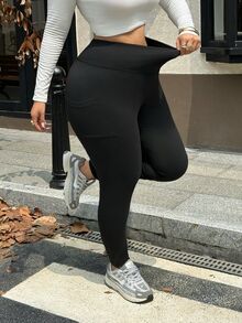 Muchica Plus-Size, Soft, High-Waisted, Solid-Color Leggings With Side Pockets-Suitable For Fitness, Pilates, Workouts, And Everyday Wear. - Black - View 3
