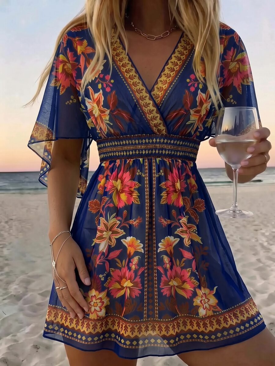 SHEIN Swim 女款花卉印花V領休閒度假罩衫洋裝 - 彩色 - 查看 1
