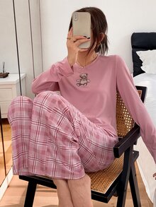 Napfluff Soft Pink Round Neck Top With Bear Print Long Sleeve + Loose Plaid Wide Leg Pants Casual Pajama Set, Can Be Worn Outdoors - Dusty Pink - View 1