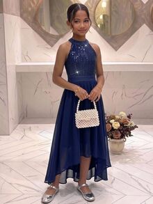 Pitira 青少年女孩派對穿著 秋冬亮片拼接雪紡長洋裝，適合派對、正式場合、假期、婚禮賓客與伴娘 - 藏蓝色 - 查看 2