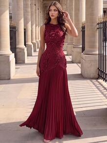 Poshira High-End Evening Gown With Premium 3D Embroidery, Elegant Pleated Hem, Sleeveless Luxury Dress - Burgundy - View 6