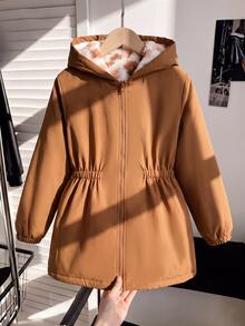 SHEIN Tween女孩兒童冬季棕色花卉保暖內裡拉鍊連帽外套，彈性腰頭，加厚休閒通勤秋冬外套 - 棕色 - 查看 10