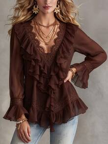 LUMIGAL Women's Spring/Autumn V-Neck Patchwork Lace Ruffle Ruched Pure White Long Sleeve Top, Suitable For Exquisite Elegant, Fashion Casual, Luxury Versatile - Brown - View 6