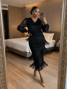 SHEIN Lady Plus Size Women's V-Neck Lace Patchwork Tassel Design Casual Party Dress - Black - View 3
