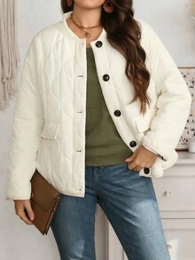 EMERY ROSE Plus Size Comfortable Winter Button Long Sleeve Padded Coat - Multicolor - View 9