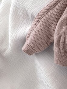 SHEIN 女童純色針織圓領花瓣袖休閒開襟外套 秋冬毛衣 - 卡其色 - 查看 9