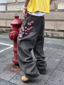 Manfinity EMRG 男士街頭風極簡百搭刺繡梅花設計直筒寬腿牛仔褲 - 灰色 - 查看 7