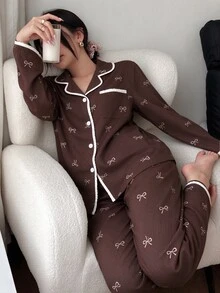 SHEIN 女款新款休閒可愛蕾絲飾邊長袖上衣與長褲睡衣套裝，秋冬服飾 - 咖啡棕 - 查看 6